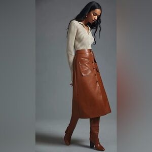 Mare Mare x Anthropologie Faux Leather Skirt — Brown, NWT S, Button Front